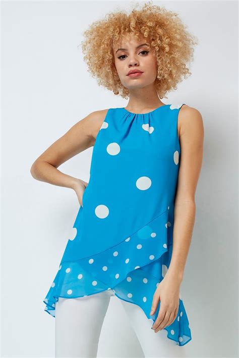 Roman Polka Dot Frill Detail Top In Blue Chiffon Tops Roman