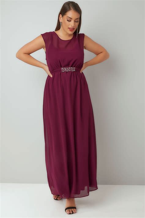 Burgundy Chiffon Maxi Dress With Embellished Tie Waist And Split Back