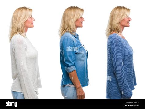 Collage Of Beautiful Middle Age Blonde Woman Over White Isolated Backgroud Looking To Side
