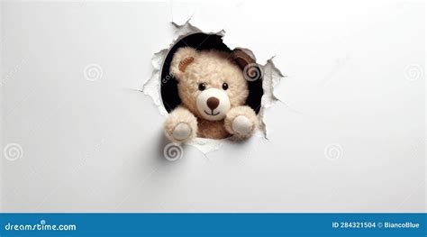 Cute Teddy Bear Peeking Out Of A Hole In Wall Torn Hole Empty Copy Space Frame Mockup