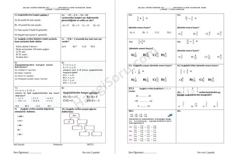 2022 2023 6 Sınıf Matematik 1 Dönem 2 Yazılı Soruları Hangisoru