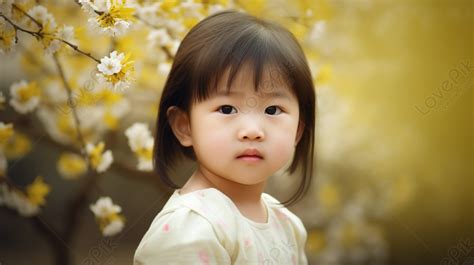 Small Asian Girl Sits In Front Of Flowering Bushes Girls Backgrounds