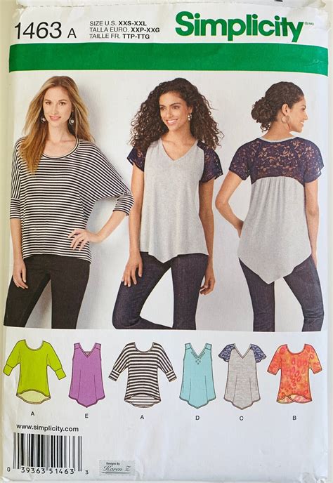 Misses Knit Tops Pattern 5 Styles Sleeve Neckline And Contrast Variations Sizes Xxs Xs S M L Xl