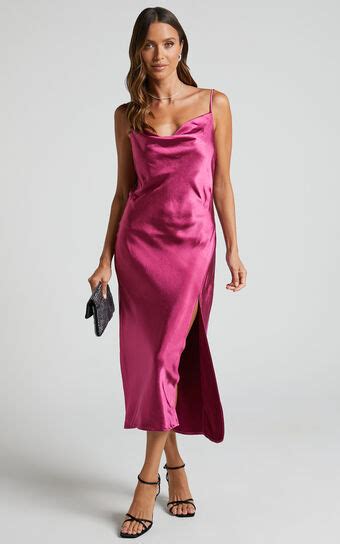 Sherrie Midi Dress Cowl Neck Open Back Satin Dress In Berry Fashion Secrets Revealed