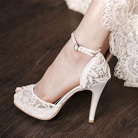 TAAFO White Bridal Shoes Lace Heels Peeping Toe Ankle Strap Platform