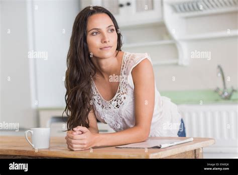 Thoughtful Pretty Brunette Stock Photo Alamy