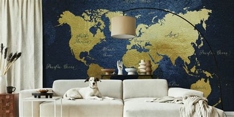 Blue And Gold World Map Wallpaper Detailed Design Happywall