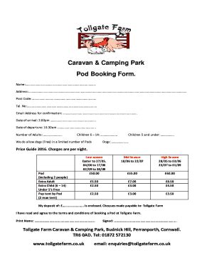 Fillable Online Tollgatefarm Co Caravan Camping Park Pod Booking