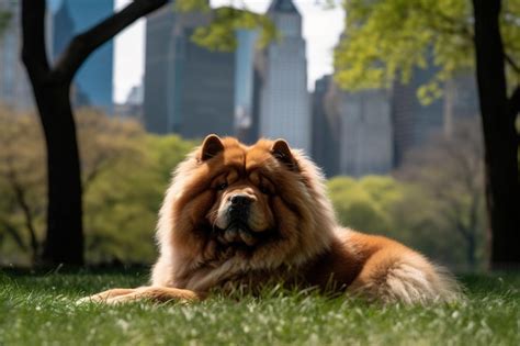 Um Cachorro Deitado Na Grama Uma Cidade Ao Fundo Foto Premium