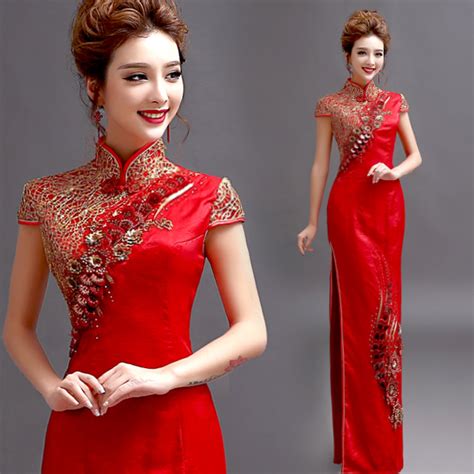 Red Gold Embroidery Pattern Chinese Style Womens Side Split Sexy