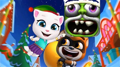 Talking Tom Gold Run NEON ANGELA Run To Santa Village VS ZOMBIE TSUNAMI