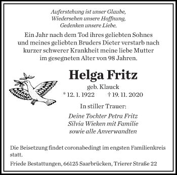 Traueranzeigen Von Helga Fritz Saarbruecker Zeitung Trauer De