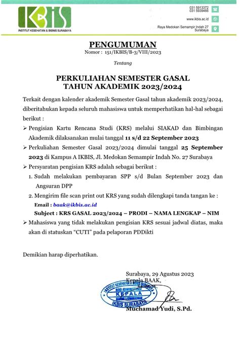 Pengumuman Perkuliahan Pengisian KRS Semester Gasal TA 2023 2024