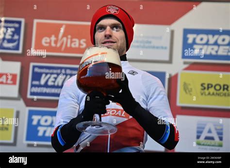 Belgian Eli Iserbyt Celebrates On The Podium After Winning The Men S