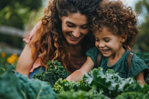 Premium Photo Happy Single Mother And Daughter Picking Fresh Vegetables In Garden