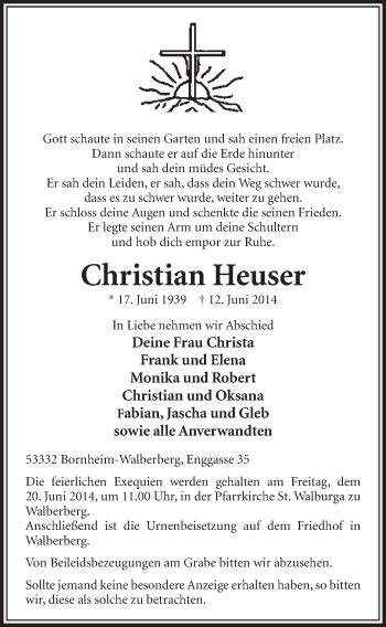 Traueranzeigen Von Christian Heuser Wirtrauern