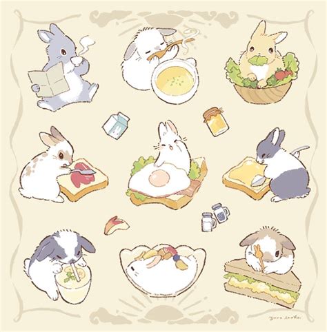 An Image Of Rabbits Eating Food And Drinking Milk In The Same Place As