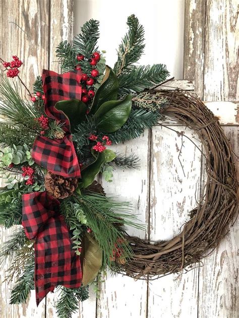 Christmas Wreath Buffalo Plaid Christmas Holiday Wreath Etsy