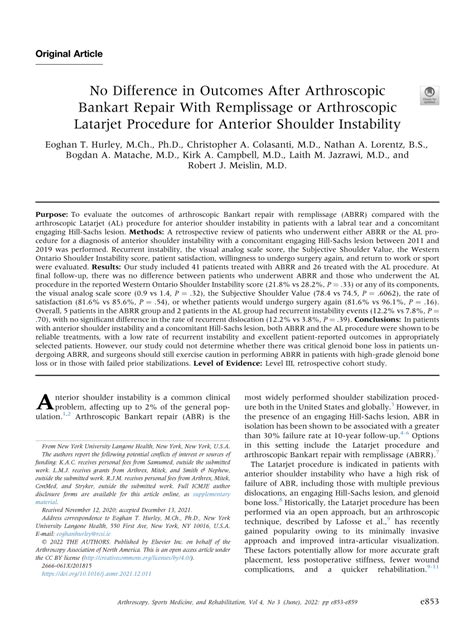 Pdf No Difference In Outcomes After Arthroscopic Bankart Repair With Remplissage Or