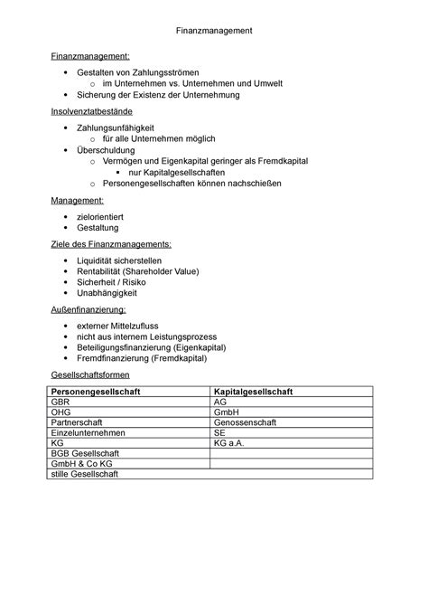 Zusammenfassung Fm Finanzmanagement Gestalten von Zahlungsströmen o