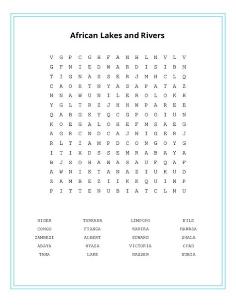 African Lakes And Rivers Word Search