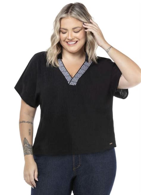 Blusa Decote V Elastico Bicolor Plus Size Preto Donna Peck