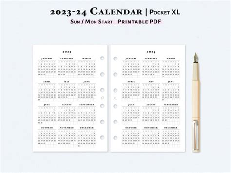 2023 2024 Calendar Printable Pocket Xl Size Inserts Yearly Etsy