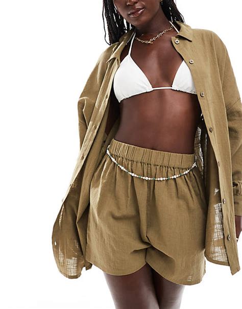 Asos Design Textured Button Through Beach Short Co Ord In Khaki Asos