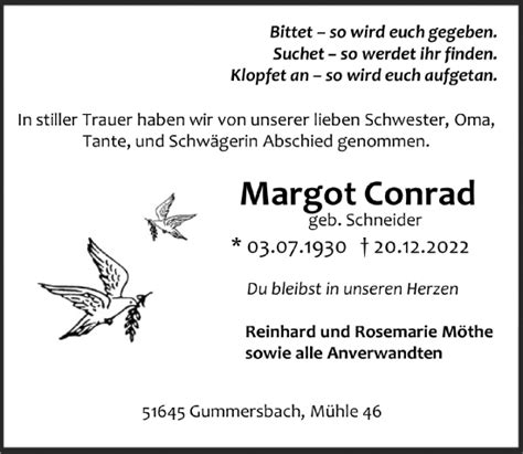 Traueranzeigen Von Margot Conrad WirTrauern