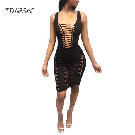 Women Sexy Club Bandage Hollow Out Pencil Dress Elegant Solid Black