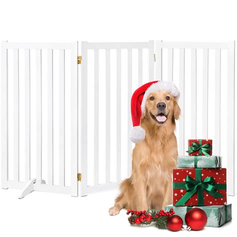 3 Panels 36" Freestanding Pet Gate, Solid Wood Folding Safety Fence Wooden Dog Gate, White ...