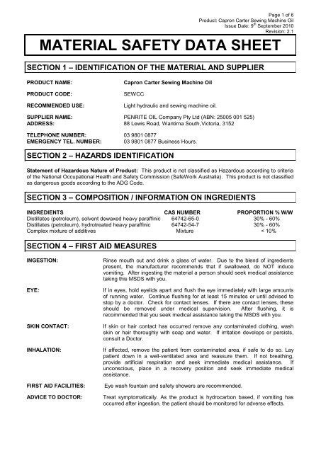 Material Safety Data Sheet Penrite