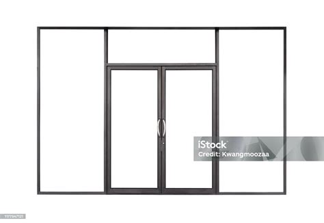 Real Modern Black Store Front Double Glass Door Window Frame Isolated On White Background Stock