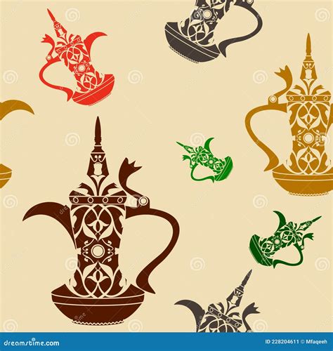 Dallah Arabic Coffee Pot Vector Illustration Seamless Pattern