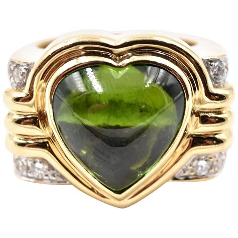 14 Karat Yellow Gold Heart Shaped Peridot And Diamond Ring At 1stdibs