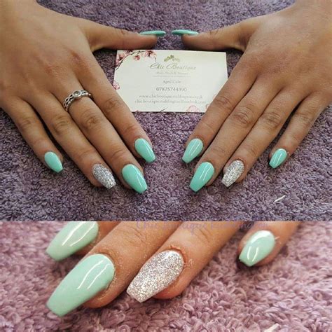 Mint Green And Silver Acrylic Nails Gel Polish Rounded Acrylic Nails Mint Green Nails