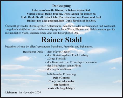 Traueranzeigen Von Rainer Stahl Trauer In Thueringen De