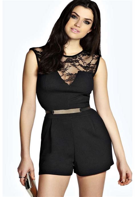 Boohoo Tori Lace Trim Metal Belt Playsuit Black Pick A Playsuit For A Fashion Favourite Thats