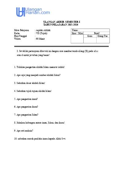 Soal UAS Aqidah Akhlak Kelas 7 SMPMTS Semester 1