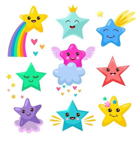 Premium Vector Cute Kawaii Stars With Faces Cartoon Illustration Set