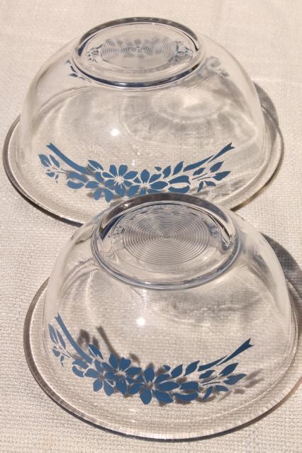 Vintage Pyrex Nesting Mixing Bowls Clear Glass W Blue Flowers Ribbon