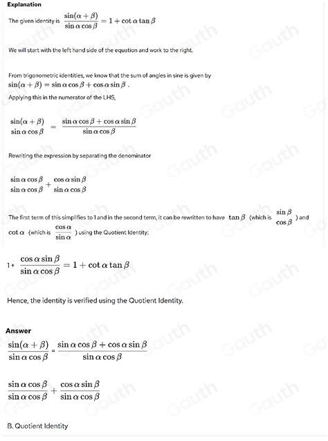 Solved Verify The Identity Sin Alpha Beta Sin Alpha Cos Beta 1