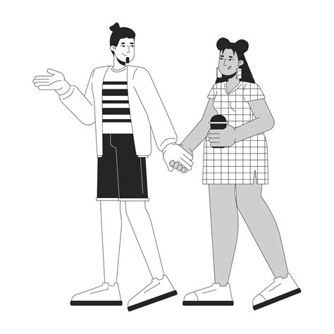 Diverse Couple Walking Together Black And White 2d Line Cartoon Characters Caucasian Man With