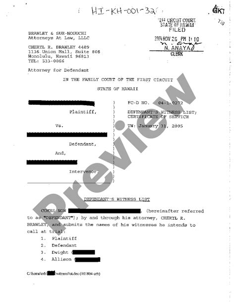 Hawaii Defendant S Witness List US Legal Forms