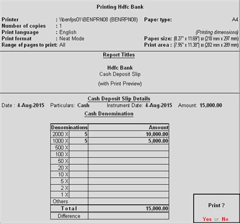 Printing Cash Deposit Slip