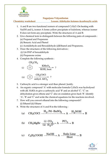 SOLUTION Class 12 Aldehydes Ketones And Carboxylic Acids Worksheet