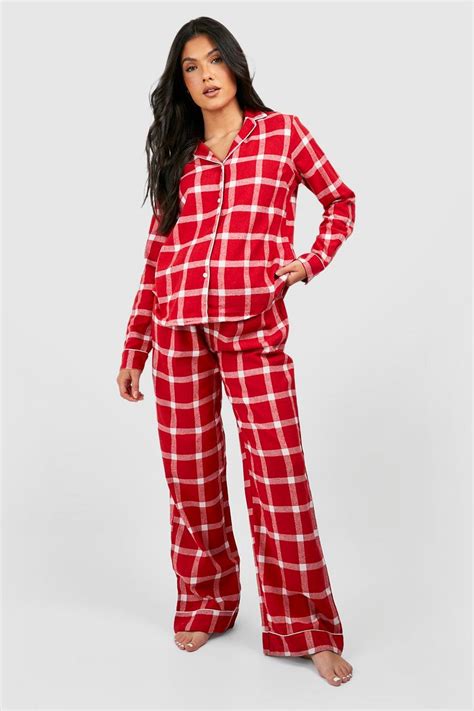 Maternity Red Check Brushed Button Up Pj Set Boohoo Uk