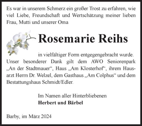 Traueranzeigen Von Rosemarie Reihs Abschied Nehmen De