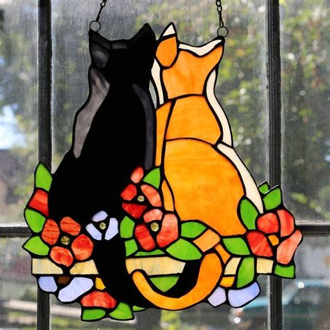 Stained Glass Cats In The Garden Window Panel Catsdiyart Stained