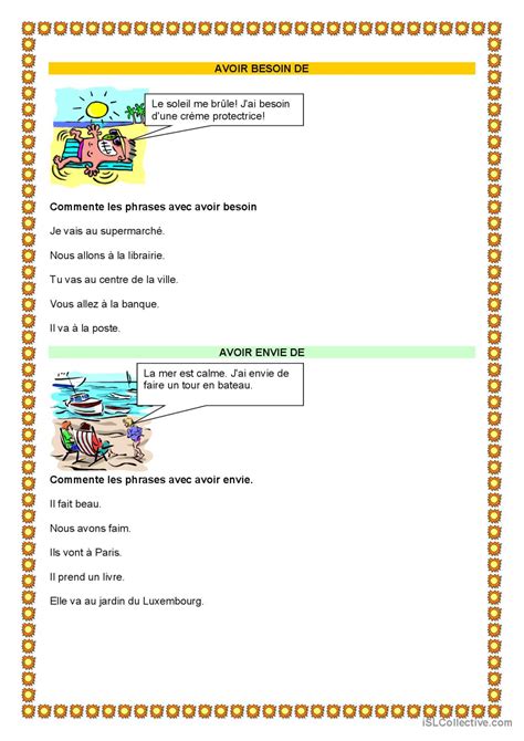 Avoir besoin avoir envie pratique Français FLE fiches pedagogiques